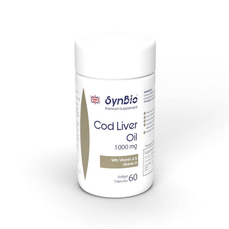 SynBio Premium - Cod Liver Oil 1000mg Capsules | 60 Cold Pressed Softgels | with High Strength Vitamin A and Vitamin D | A Naturally Rich Source of EPA and DHA